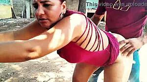 Mature Latina slut fucked hard in public courtyard outdoors.