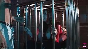 Brunette In Cage Deepthroats For Freedom