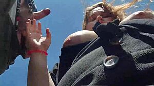 Beautiful pov outdoor blowjob from chubby cutie with big tits and juicy nipples playing with cum