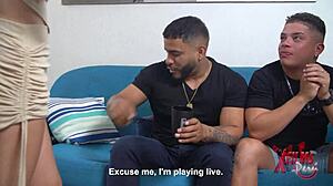 two hung guys sodomize petite 18+ venezuelan redhead in her living room.