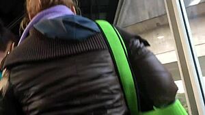 Touching Brown Nylon Jacket of Chubby Girl on Street Pt 1