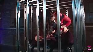 Brunette In Cage Deepthroats For Freedom