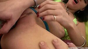 Horny amateur with small tits intensely sucks cock while fingering