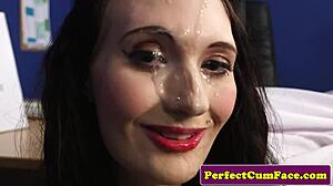 This lingeried beauty gets facialized with a huge load