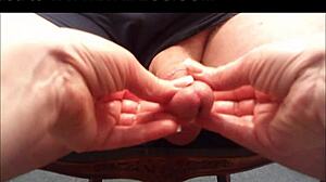 Cc double cum on chair with big cock handjob.