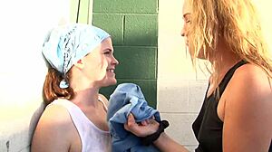 Blonde redhead pornstars engage in outdoor lesbian sex