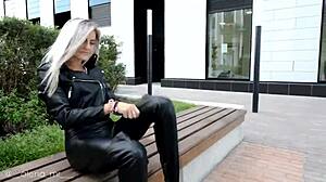 Russian blonde in full leather leggings and boots is teasing!