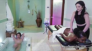 at the spa, this interracial lesbian threesome turns into pussy massage and fingering fun.