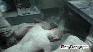 muscled soldiers groping in showers before wild interracial orgy