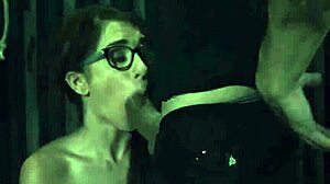 husband gives bondage handjob to wife with glasses