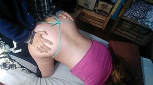 Latina girlfriend in green thong bent over for doggystyle sex