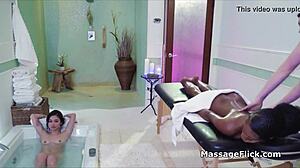 at the spa, this interracial lesbian threesome turns into pussy massage and fingering fun.