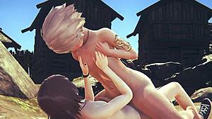 Yaoi femboy Jin sucks a big dick and has anal with creampie in sissy crossdress anime