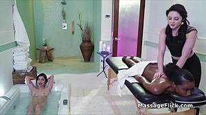 at the spa, this interracial lesbian threesome turns into pussy massage and fingering fun.
