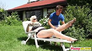 Plump blonde gets oral and pussy licked outdoors intensely