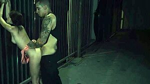 husband gives bondage handjob to wife with glasses