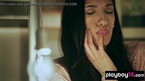 Classy brunette babe fingers her pussy solo