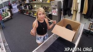 Sex in the shop with a big rod, she gets her wet pussy pounded hard! 😏