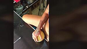 ts angelique monroe explores food fetish by fucking a melon and cumming