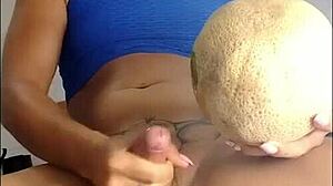 ts angelique monroe explores food fetish by fucking a melon and cumming