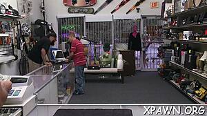 Sex in the shop with a big rod, she gets her wet pussy pounded hard! 😏