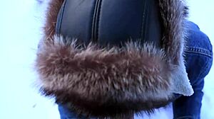 Sexy slut deepthroats in public snow for creampie