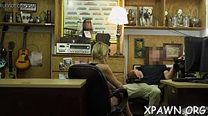 Sex in the shop with a big rod, she gets her wet pussy pounded hard! 😏