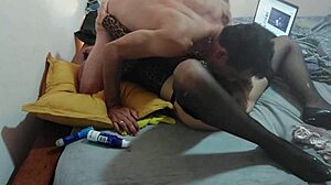 White slut in satin lingerie gets rimmed and fucked hard in heels