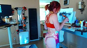 Girlfriend's Shaved Pussy Teased in Thong During Painting
