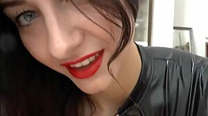 Suggestive fuck session with latex-clad girl, ending in cum on ass and cool tits