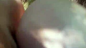 Blonde ponytail bent over for outdoor doggystyle cumshot.