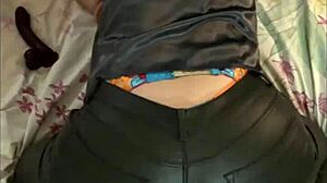 french amateur in leather pants and thong teases in pov exhibitionism.