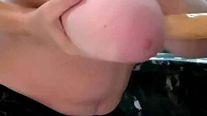 Hot busty milf performs blowjob and striptease in stockings