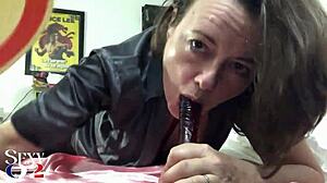 1735Ip - Fucking White Amateur Milf Green Leather Pants Red Satin Bodysuit Heels Doggy Style Pov Ass Licking Blowjob Spanking