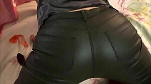 french amateur in leather pants and thong teases in pov exhibitionism.