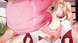 Yae Miko from Genshin Impact gets fucked with an ahegao expression by a pink haired girl.