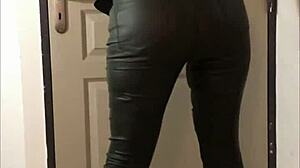 french amateur in leather pants and thong teases in pov exhibitionism.