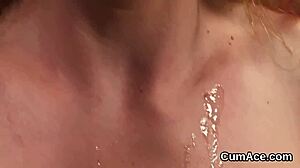 feisty stunner gets cumshot on her face gulping all the sperm