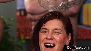 Unusual centerfold swallows cum shot on face