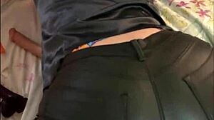 french amateur in leather pants and thong teases in pov exhibitionism.