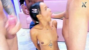 Ruby deepthroats cocks in group.