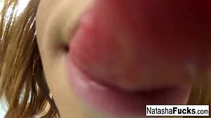 natasha, the big-titted brunette babe, fingers her wet pussy solo, nude and horny.