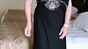 Hot busty milf performs blowjob and striptease in stockings