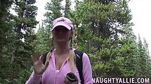 Blonde amateur solo masturbates outdoors on mountain trail in homemade public sex tape session