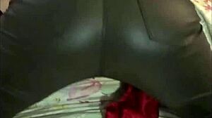 french amateur in leather pants and thong teases in pov exhibitionism.