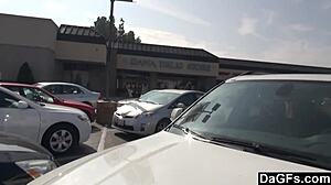 Blonde teen gives handjob in car while driving outdoors