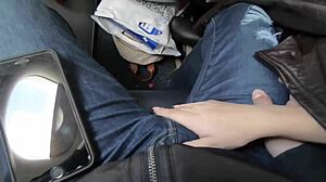 Public airplane oral activity with brunette performer