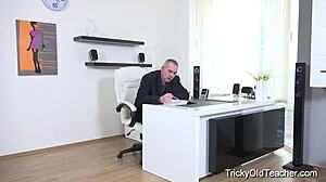 Horny Petite Blonde Student Seduces Old Teacher with Blowjob and Cumshot