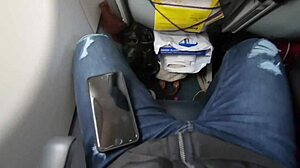 Public airplane oral activity with brunette performer