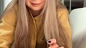 pretty milf amelie dubon gives close-up handjob to her friend in pov